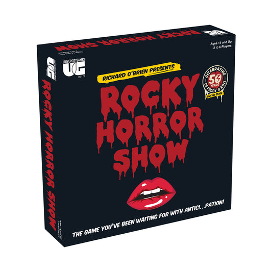 Rocky Horror Show 50th Anniversary Edition board game box with black background, red dripping title text, red lips graphic, and yellow banner reading 'Richard O