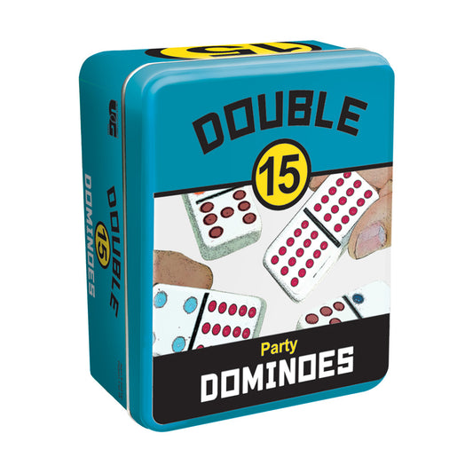 Double 15 Color Dot Dominoes Set with Durable Storage Tin in turquoise tin packaging with yellow and black accents