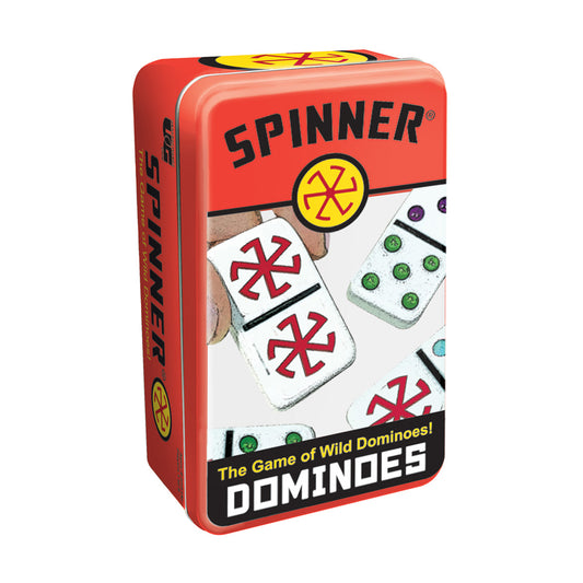 Spinner Wild Dominoes Game red tin box showing domino tiles with colored symbols and game components