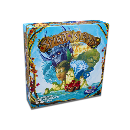 Spirit Island Core Board Game box featuring colorful artwork with mystical spirits and island landscape on blue background