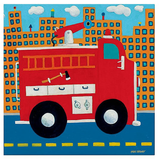 Colorful illustration of a red fire truck with black wheels on a blue street, orange buildings with blue windows in background, white clouds and blue sky, yello