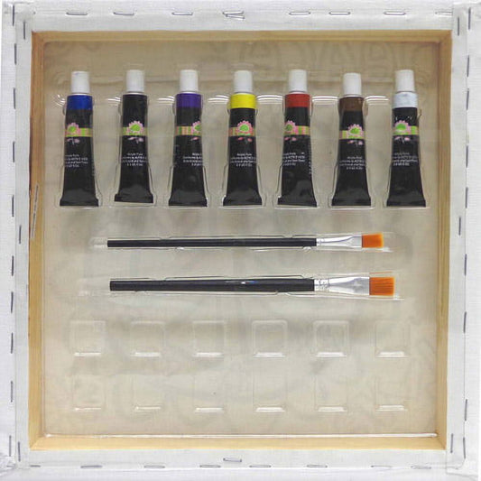 Paint set with seven colored tubes and two brushes with orange bristles arranged in wooden box