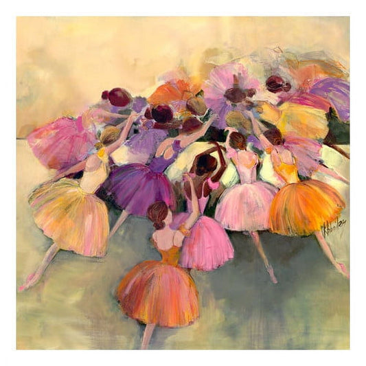 Whimsical illustration of colorful ballerina fairies with flower-petal skirts in pink, purple, orange, and yellow dancing together against a soft, dreamy backgr
