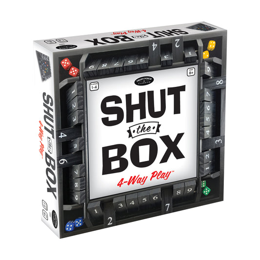 Shut the Box 4-Way Play board game box showing black and white numbered tiles, dice, and game mechanics on plain background