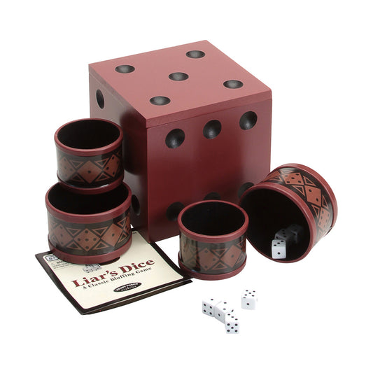 Liar's Dice game set with burgundy dice cup, large dice tower, white dice, and instruction card on plain background