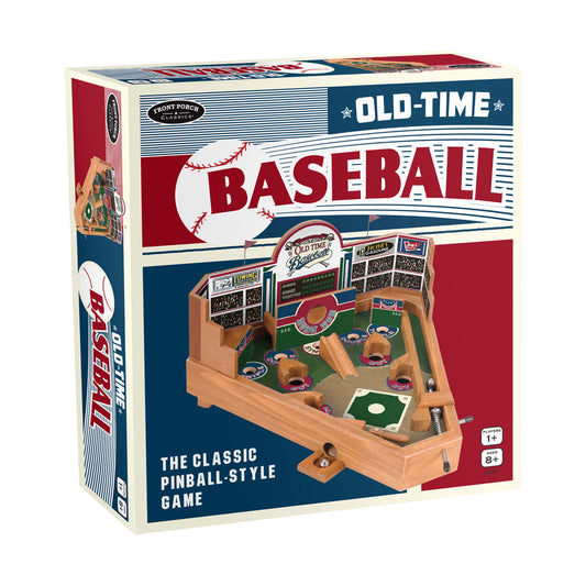 Old-Time Baseball pinball-style wooden game with baseball stadium graphics, sand play field, and wooden flippers on front porch classic box