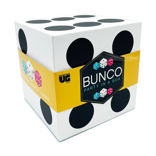 Bunco Party in a Box game featuring a white cubic box with black dots and large black circles, yellow band with product label and colorful dice graphics
