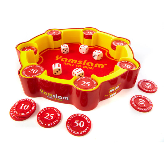 Yamslam Compact Strategy Dice Game with red and yellow playing board, white dice, and red scoring chips with point values displayed on plain background