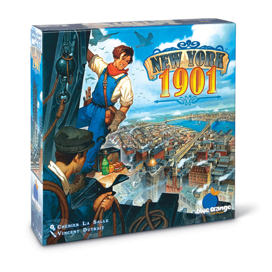 New York 1901 board game box by Blue Orange Games, featuring illustrated characters overlooking a cityscape of early 1900s New York with skyscrapers and harbor