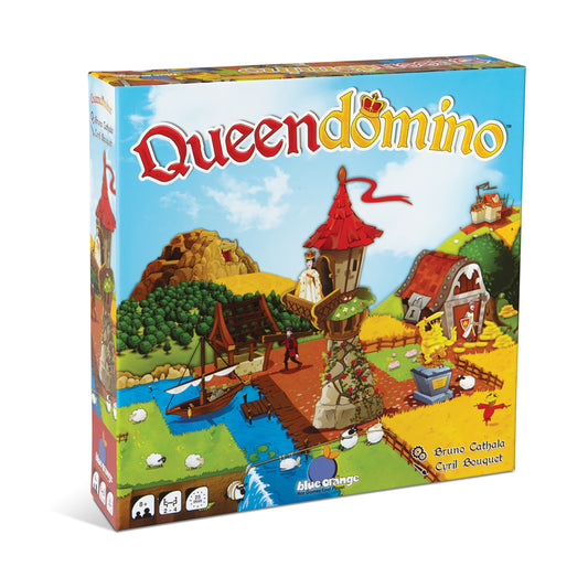 Queendomino Strategic Kingdom Building Board Game box showing colorful fantasy landscape with castle tower, trees, and pastoral scenery