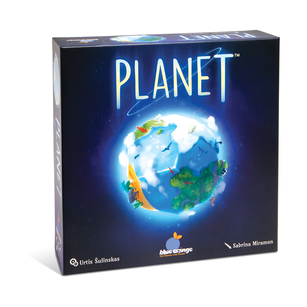 Planet board game box featuring a glowing Earth with blue oceans, green continents, and colorful game elements on dark starry background