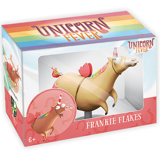 Unicorn Fever Frankie Flakes collectible figure in packaging, showing a tan unicorn with pink wings, striped horn, and party hat