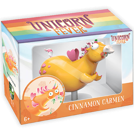 Unicorn Fever Cinnamon Carmen collectible figure in packaging, yellow unicorn with pink heart decorations and rainbow mane