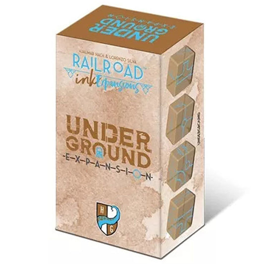 Railroad Ink: Underground Expansion board game box showing tan cardboard packaging with blue text and four expansion modules visible on the side