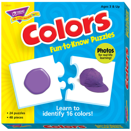 Colors Fun-to-Know Puzzles box showing purple ball and purple cap with text 'Learn to identify 16 colors', 24 puzzles, 48 pieces, ages 3 & up