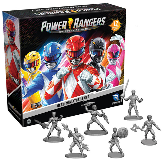 Power Rangers Roleplaying Game Hero Miniatures Set 1 box with 12 unpainted gray figurines displayed in front, showing ranger characters in various action poses