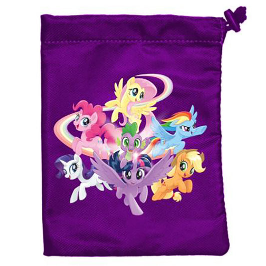 Purple drawstring dice bag with My Little Pony characters printed on front, featuring colorful ponies with rainbow manes on dark purple background