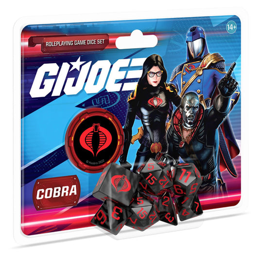 G.I. JOE Cobra roleplaying game dice set with black and red polyhedral dice featuring Cobra logo, displayed on package with Cobra characters and 14+ age rating