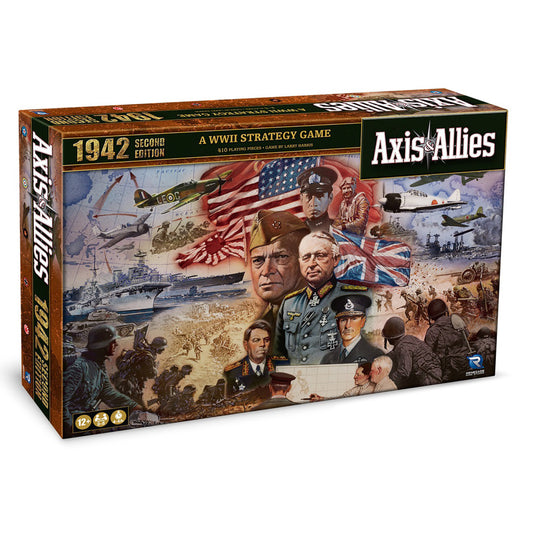 Axis & Allies 1942 Second Edition board game box featuring WWII military leaders, aircraft, ships, soldiers, and flags on wood-textured packaging