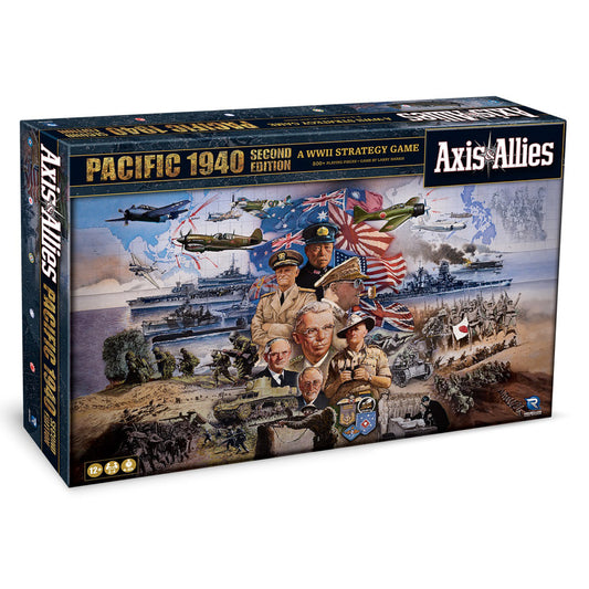 Axis & Allies: Pacific 1940 Second Edition board game box featuring WWII military leaders, aircraft, ships, and soldiers with American and Japanese flags