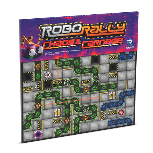 Robo Rally: Chaos & Carnage Expansion board game box showing purple packaging with robot character and colorful game board with green tracks, obstacles, and num