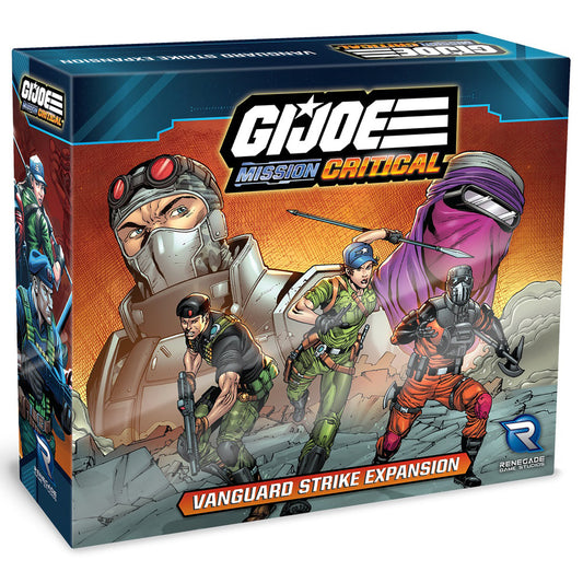 G.I. JOE Mission Critical Vanguard Strike Expansion board game box featuring illustrated soldiers in combat gear and a large masked villain figure