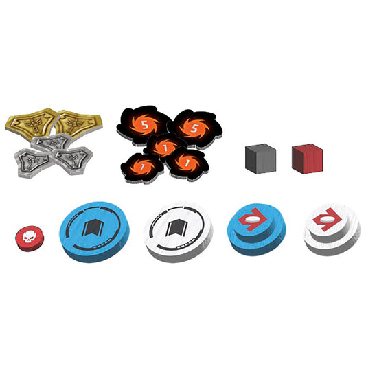 Unstoppable card game components including tokens, cubes, and circular ability discs in blue, red, and white