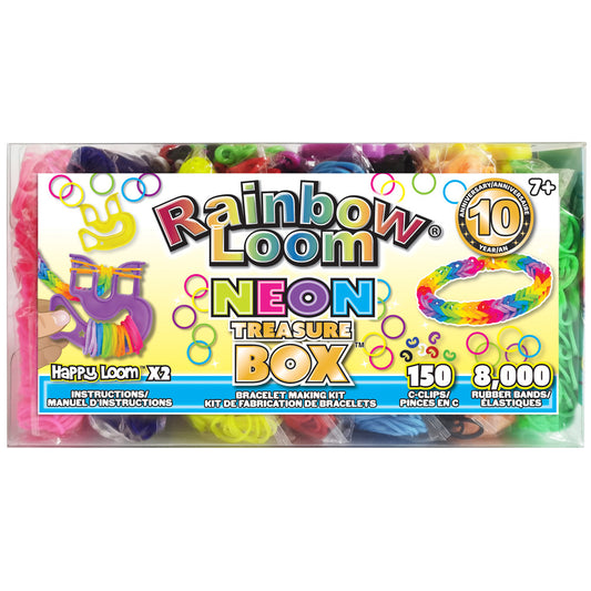 Rainbow Loom Neon Treasure Box bracelet-making kit with colorful rubber bands, Happy Loom looms, and neon elastic bands