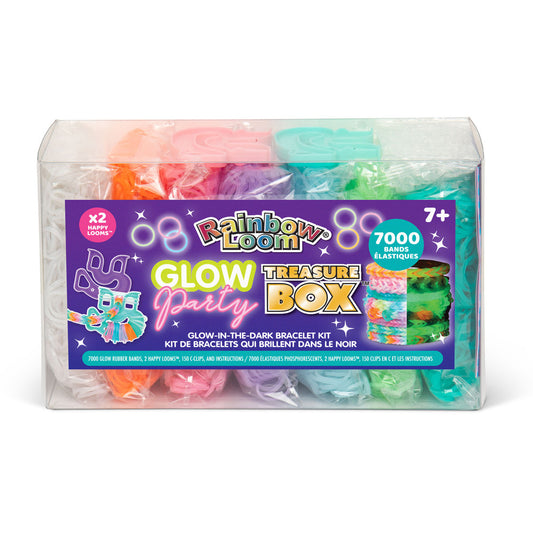 Rainbow Loom Glow Treasure Box kit with 7000 glow-in-the-dark rubber bands in rainbow colors, 2 Happy Looms, and 150 C-clips in clear plastic storage container