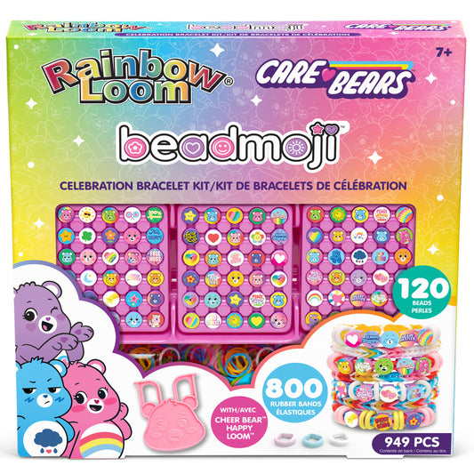 Rainbow Loom Beadmoji Care Bears Celebration Bracelet Kit with 120 beads, 800 rubber bands, and pink bead organizer trays featuring colorful character beads and