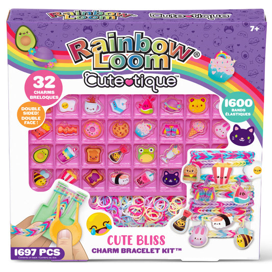 Rainbow Loom Cute-Tique Cute Bliss Charm Bracelet Kit box showing 32 charms, 1600 elastic bands, loom tool, and colorful braided bracelets with cute character d