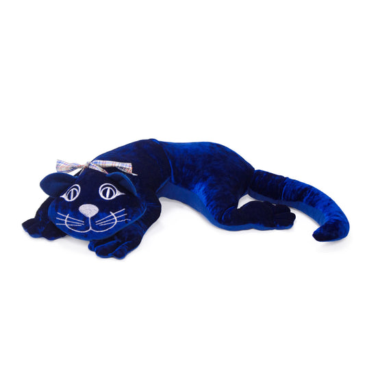 Manimo Cozy Weighted Cat Plush toy in royal blue velvet, 27.5 inches long