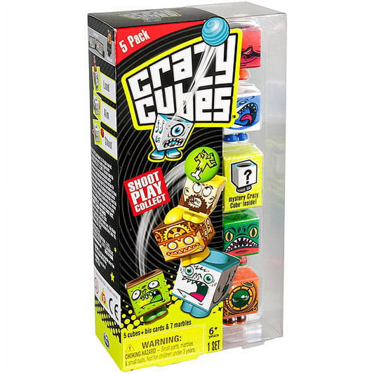 Crazy Cubes 5 Pack Aqua Blast box showing stacked colorful character cubes with expressive faces and a blue mystery cube on top