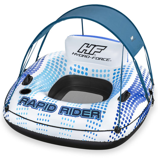 Hydro-Force Rapid Rider inflatable canopy tube with blue and white dotted pattern, black seat and handles, teal canopy top