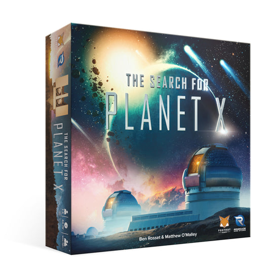 The Search for Planet X board game box showing space observatory domes on an alien landscape with colorful nebula and starfield background