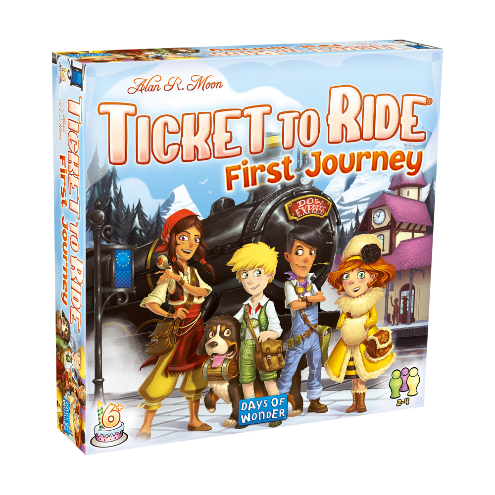 Ticket to Ride: First Journey board game box featuring illustrated characters and a steam train with European landmarks in background
