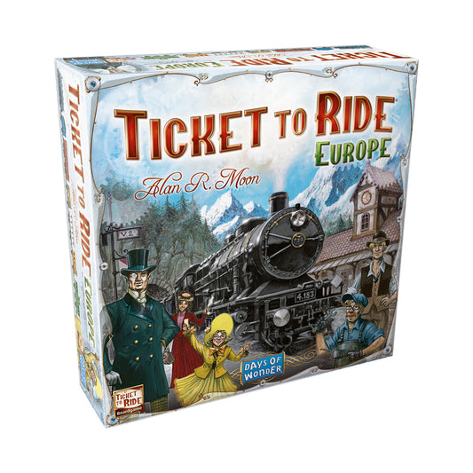 Ticket to Ride Europe board game box featuring a vintage steam locomotive, European landmarks, and illustrated characters in 1900s attire