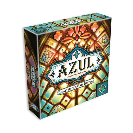 Azul Stained Glass of Sintra board game box featuring ornate stained glass design with golden frames, colorful geometric patterns, and glowing flowers on turquo