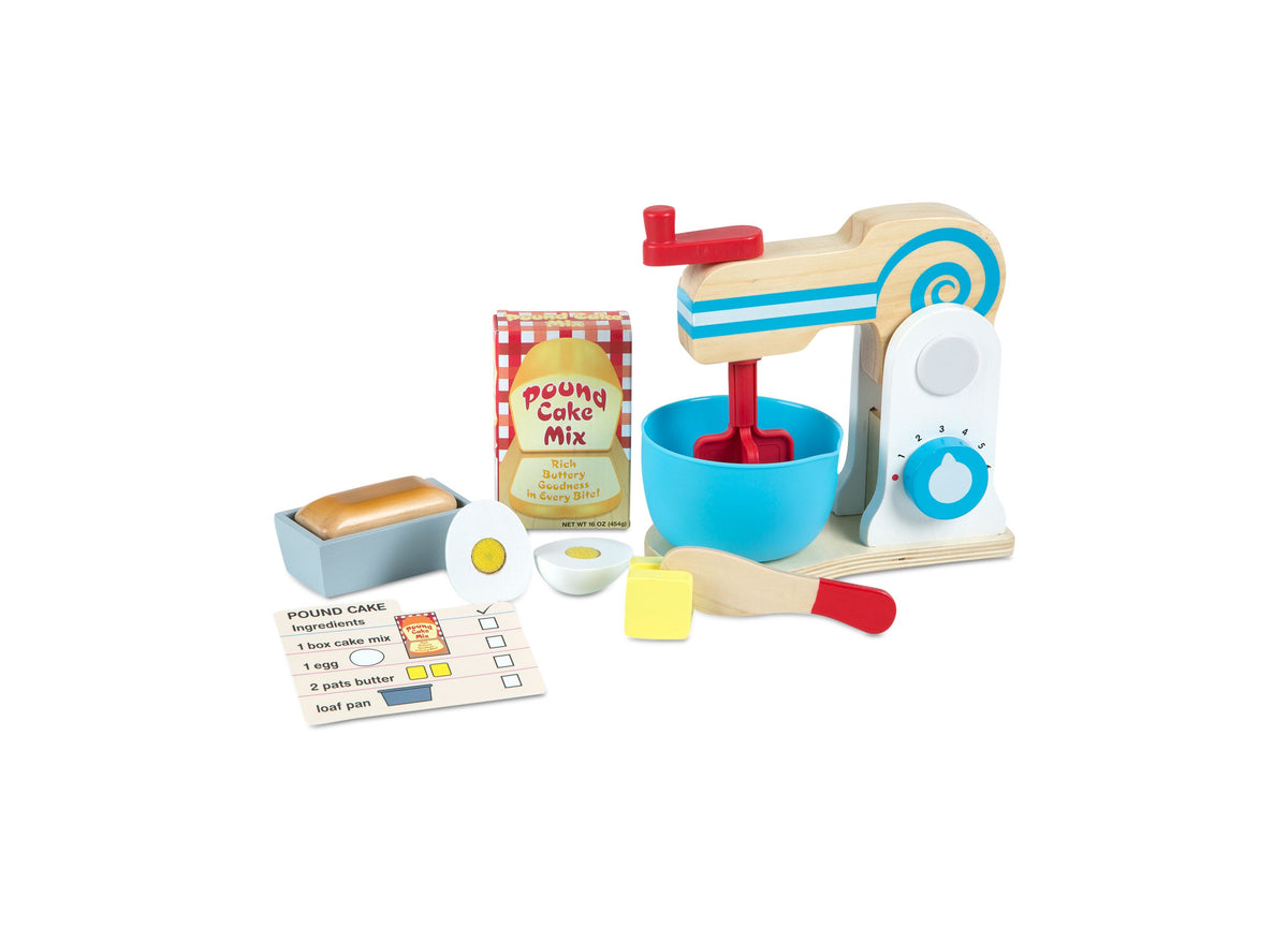 Melissa & Doug Wooden Make-a-Cake Mixer Set with blue mixer, cake mix box, mixing bowl, and accessories