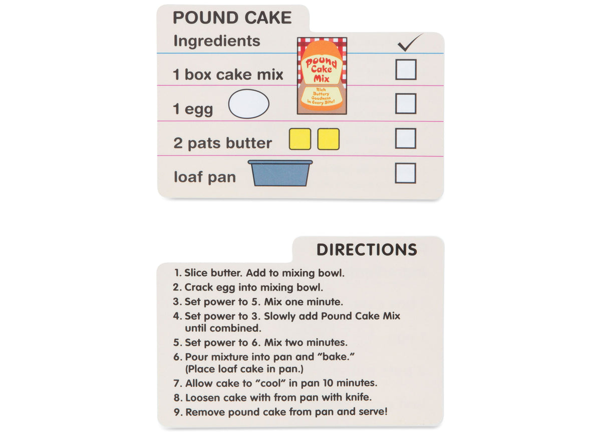 Melissa & Doug Wooden Make-a-Cake Mixer Set with recipe card showing pound cake ingredients and directions