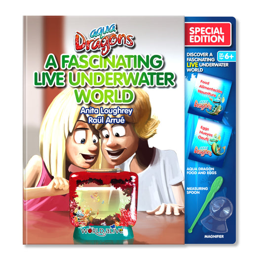Aqua Dragons Special Edition book kit showing animated characters observing a red tank habitat, includes food, eggs, measuring spoon, and magnifier for live und
