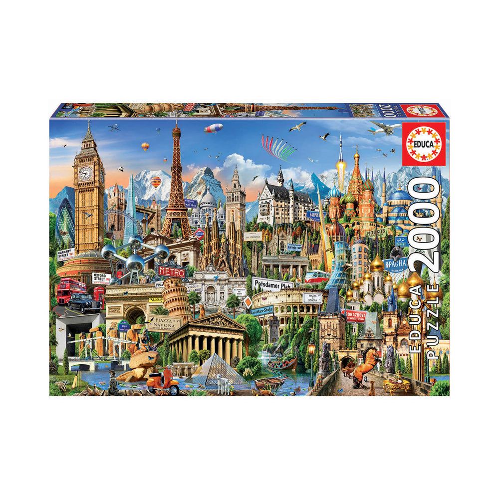 Educa Europe Landmarks 2000-piece jigsaw puzzle box showing illustrated collage of famous European landmarks including Big Ben, Eiffel Tower, Colosseum, and cas