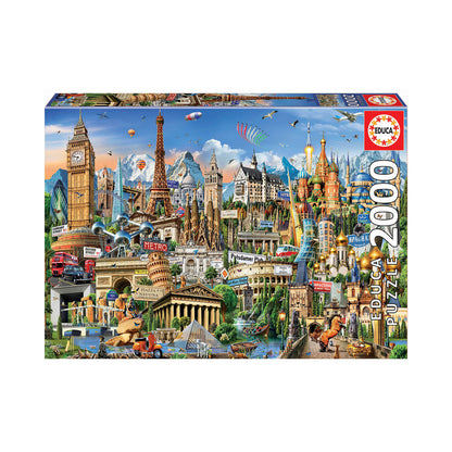 Educa Europe Landmarks 2000-piece jigsaw puzzle box showing illustrated collage of famous European landmarks including Big Ben, Eiffel Tower, Colosseum, and cas