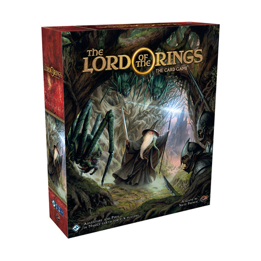 The Lord of the Rings: The Card Game box showing a wizard with staff in a dark cave surrounded by armored figures and creatures
