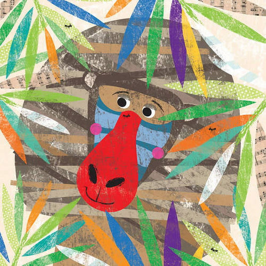 Colorful collage-style canvas art featuring a smiling red face with large eyes, blue scarf, and brown hat, surrounded by multicolored leaf shapes in green, blue