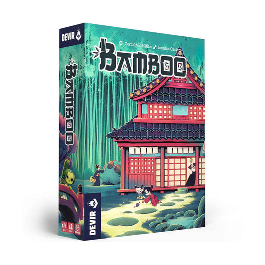 Bamboo board game box by Devir featuring Asian-inspired artwork with a red pagoda building, bamboo forest, and illustrated characters in a garden setting
