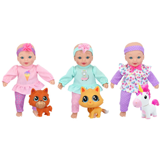 Three small baby dolls with headbands and colorful outfits paired with animal companions: pink outfit with orange cat, turquoise outfit with yellow cat, purple