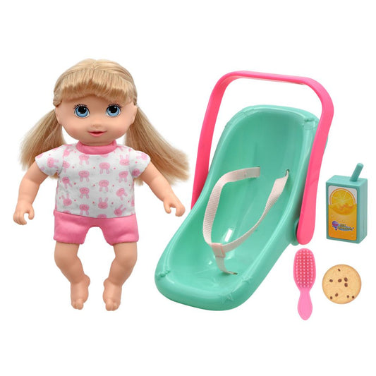 Blonde doll with blue eyes wearing pink and white outfit, shown with mint green car seat carrier, pink handle, juice box, hairbrush, and cookie accessory