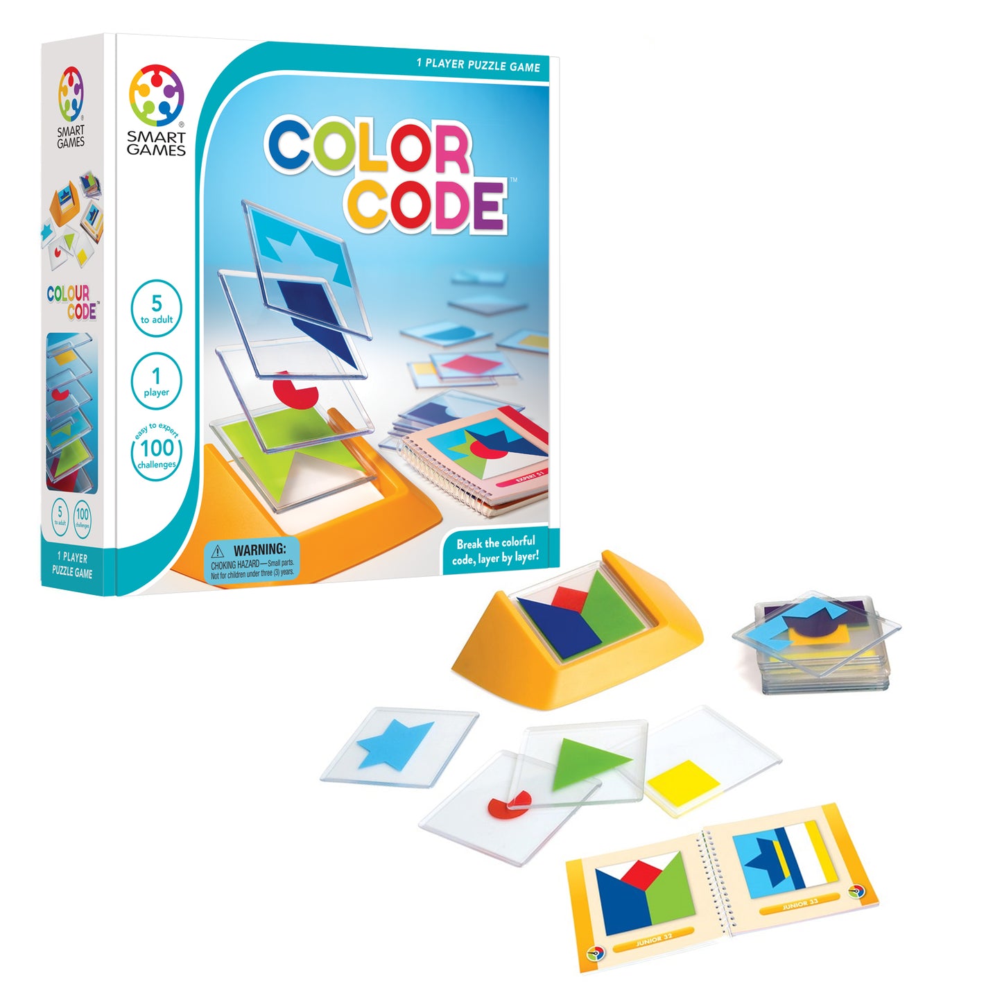 SmartGames Color Code puzzle game with yellow holder, transparent tiles, and colorful shape pieces