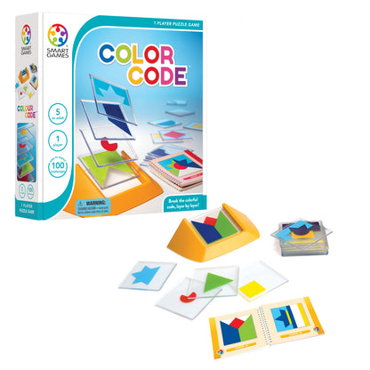 SmartGames Color Code puzzle game with yellow holder, transparent tiles, and colorful shape pieces